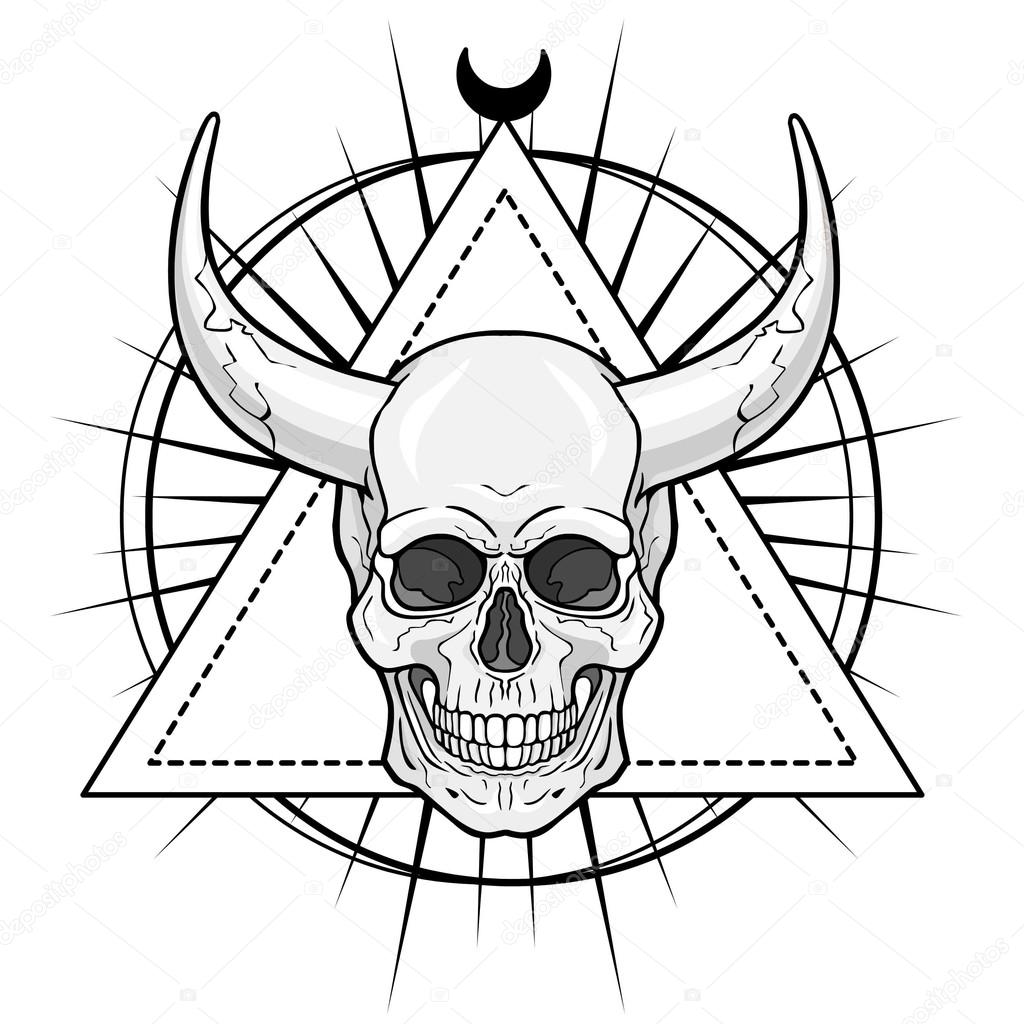 1024x1024 Fantastic Horned Human Skull. Demon, Shaman, Fairy Tale Character