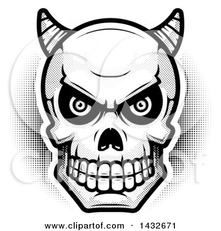 450x470 Clipart Of A Black And White Halftone Demon Skull