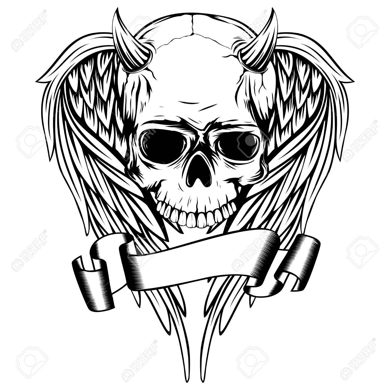 1300x1300 Abstract Vector Illustration Black And White Horned Skull Demon