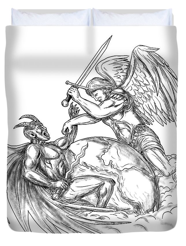 645x853 Angel Fighting Demon Over Earth World Tattoo Duvet Cover For Sale