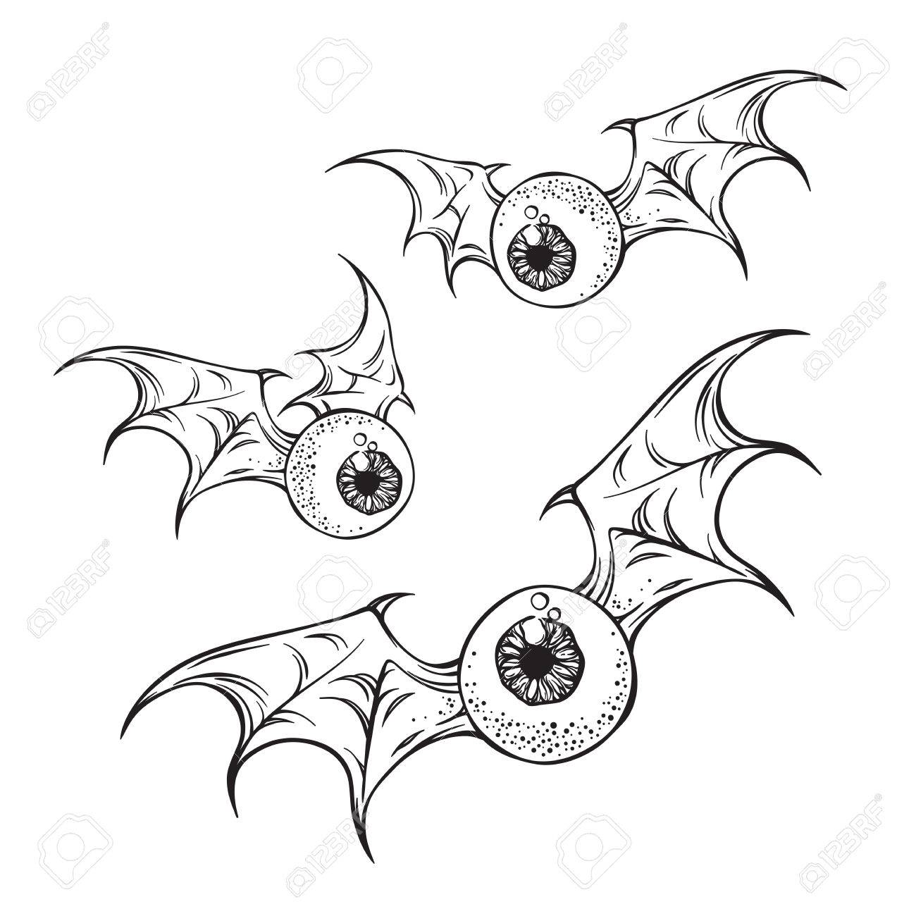 1300x1300 Flying Eyeballs With Creepy Demon Wings Black And White Halloween
