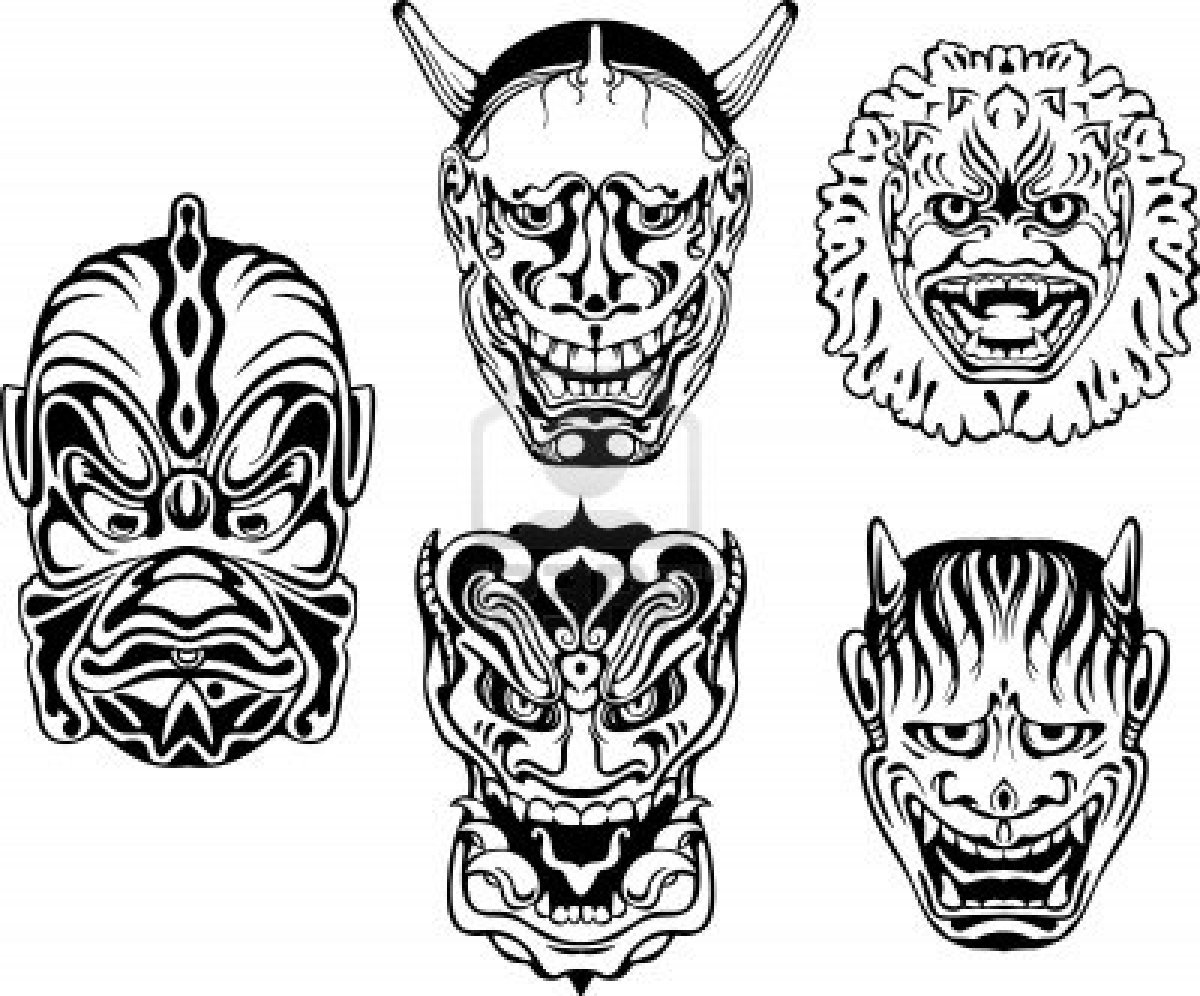 1200x996 Japanese Demonic Noh Theatrical Masks. Set Of Black And White