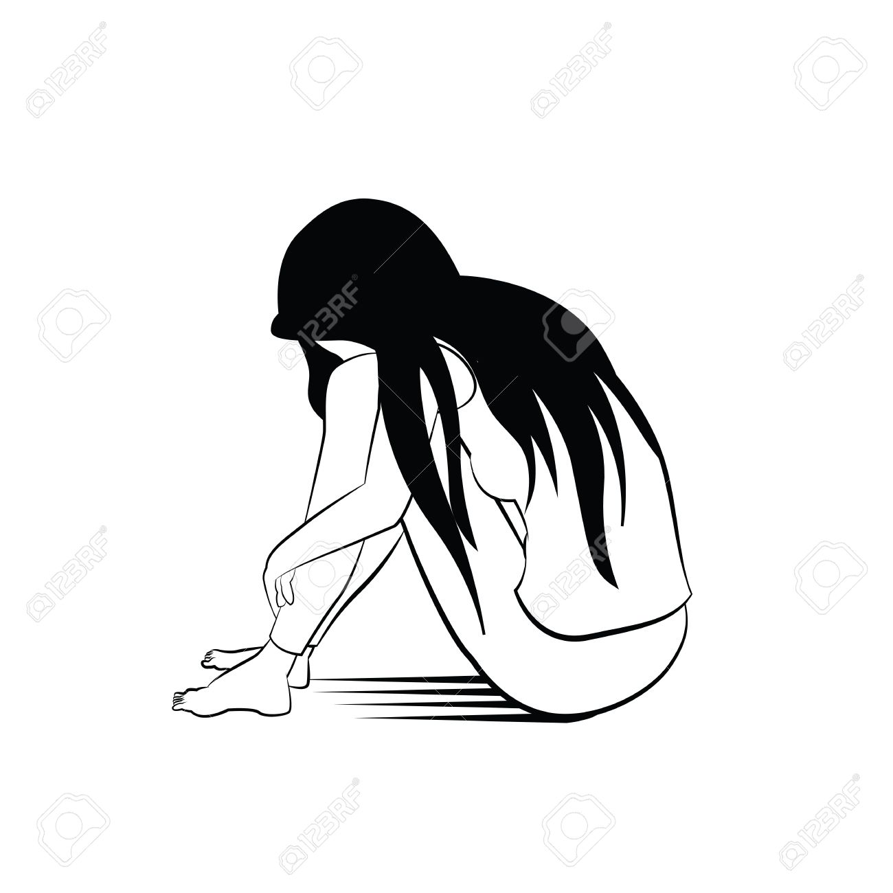 1300x1300 Vector Illustration Drawing In Ink Sketching Style, Lonely Woman