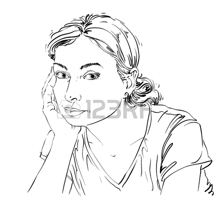 450x450 Vector Art Drawing, Portrait Of Sad And Depressed Girl, Thinking