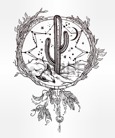 375x450 Hand Drawn Flash Tattoo Style Dreamcatcher With Native American