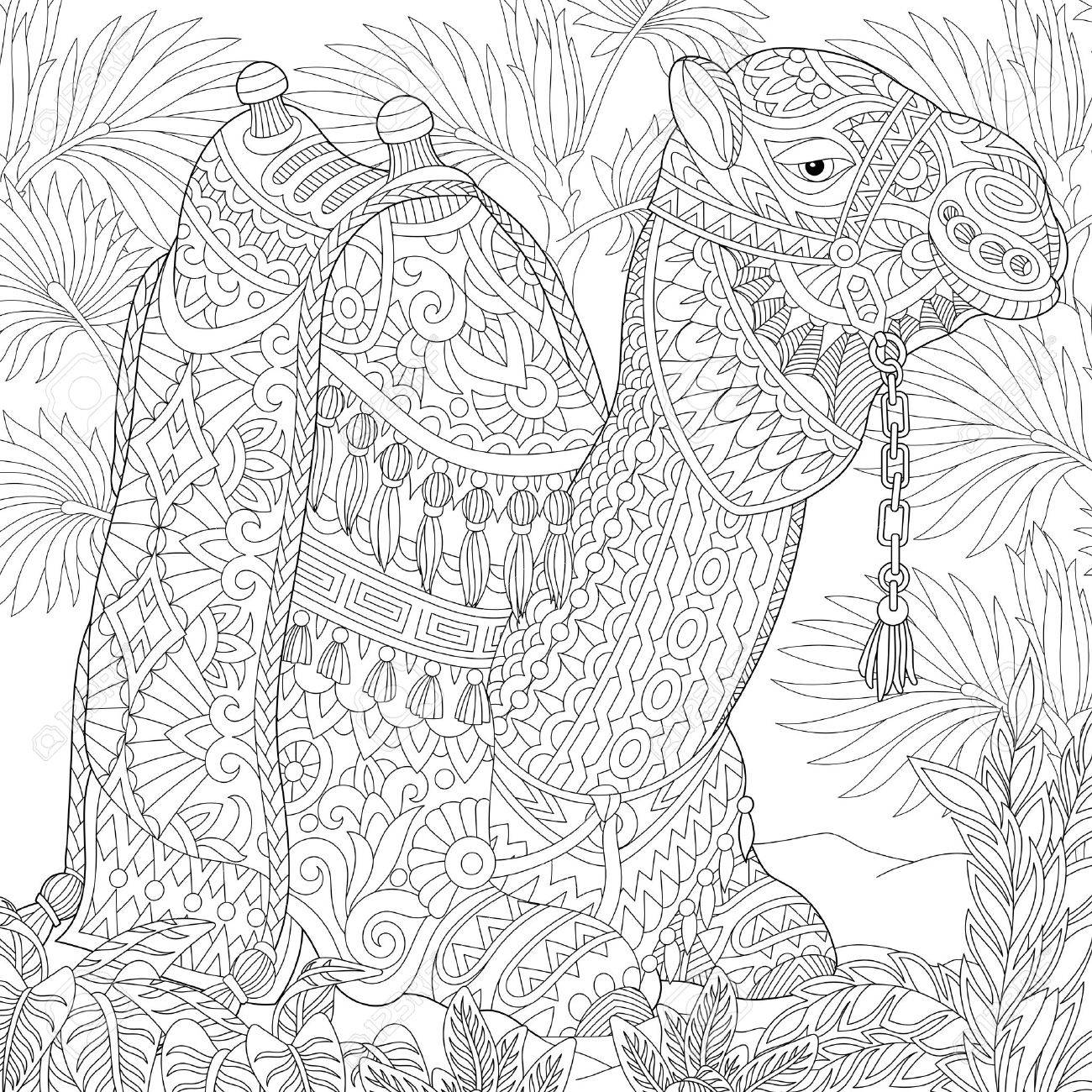 1300x1300 Stylized Camel Sitting Among Palm Trees In Desert Oasis. Sketch