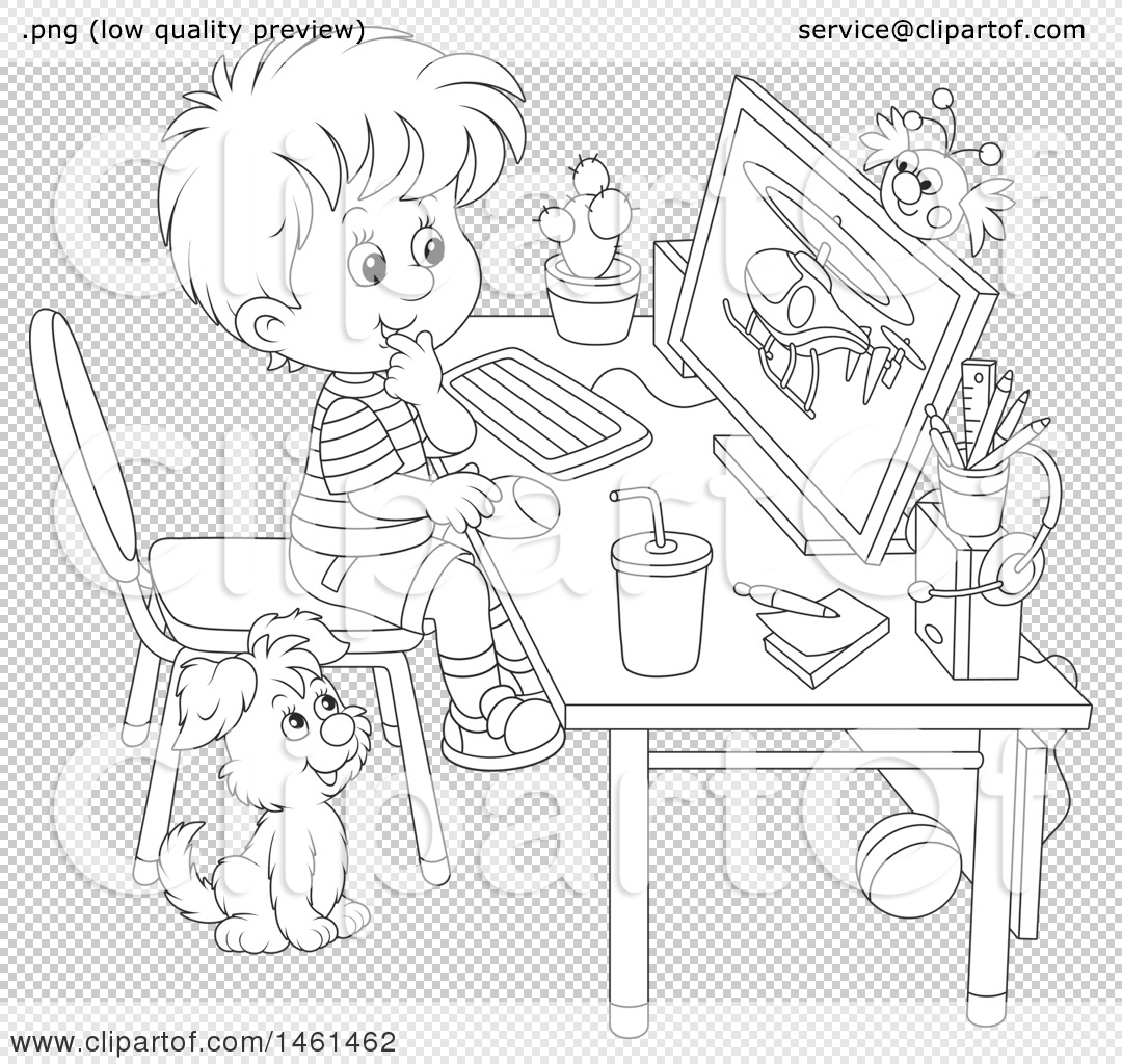 1080x1024 Clipart Of A Black And White Boy Using A Desktop Computer