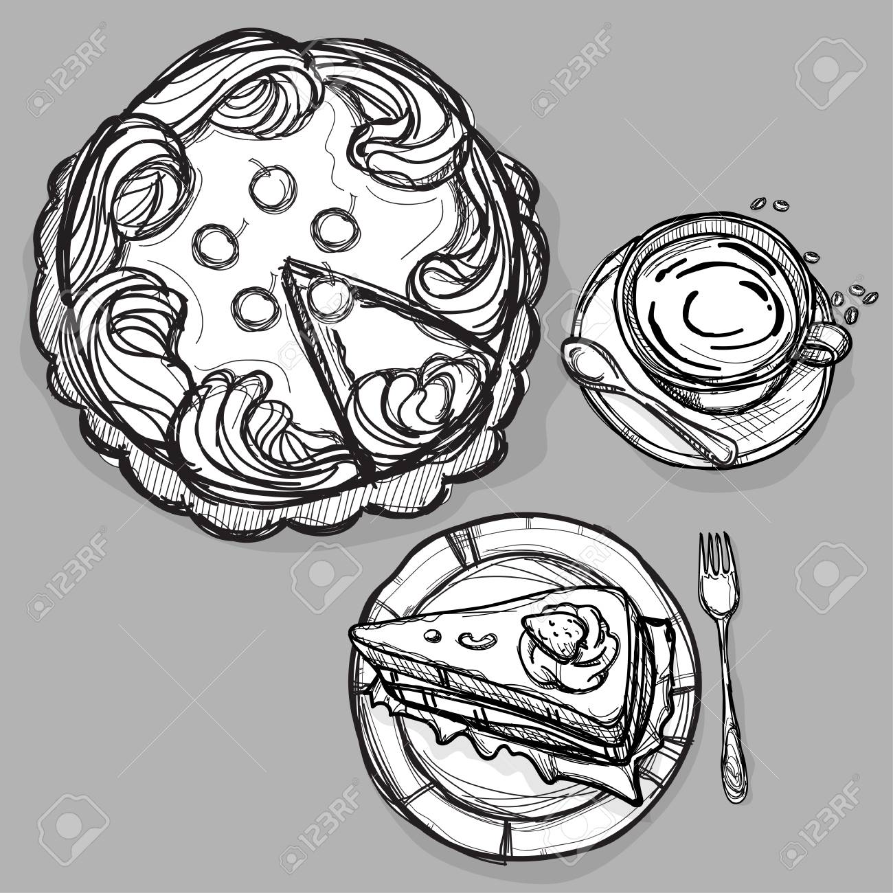 1300x1300 Food Cake Coffee Dessert Set Drawing Graphic Illustrate Objects