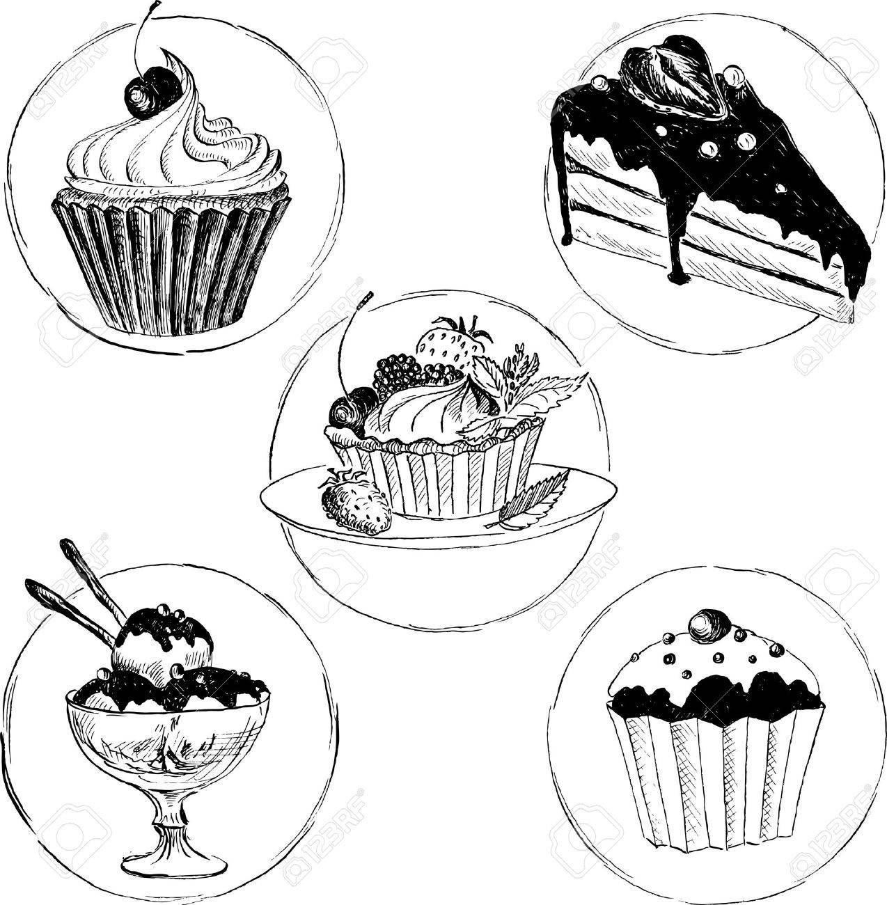 1274x1300 Set Of Hand Drawn Desserts, Cake And Ice Cream, Ink Drawing Vector