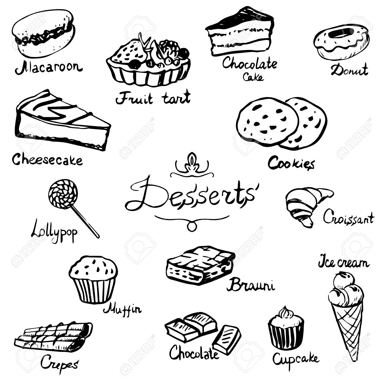 1300x1300 Desserts Set,various Different Types Of Monochrome Hand Drawn