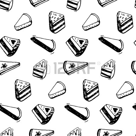 450x450 Piece Of Cake Pattern. Black Ink Sketch Drawing Of Desserts