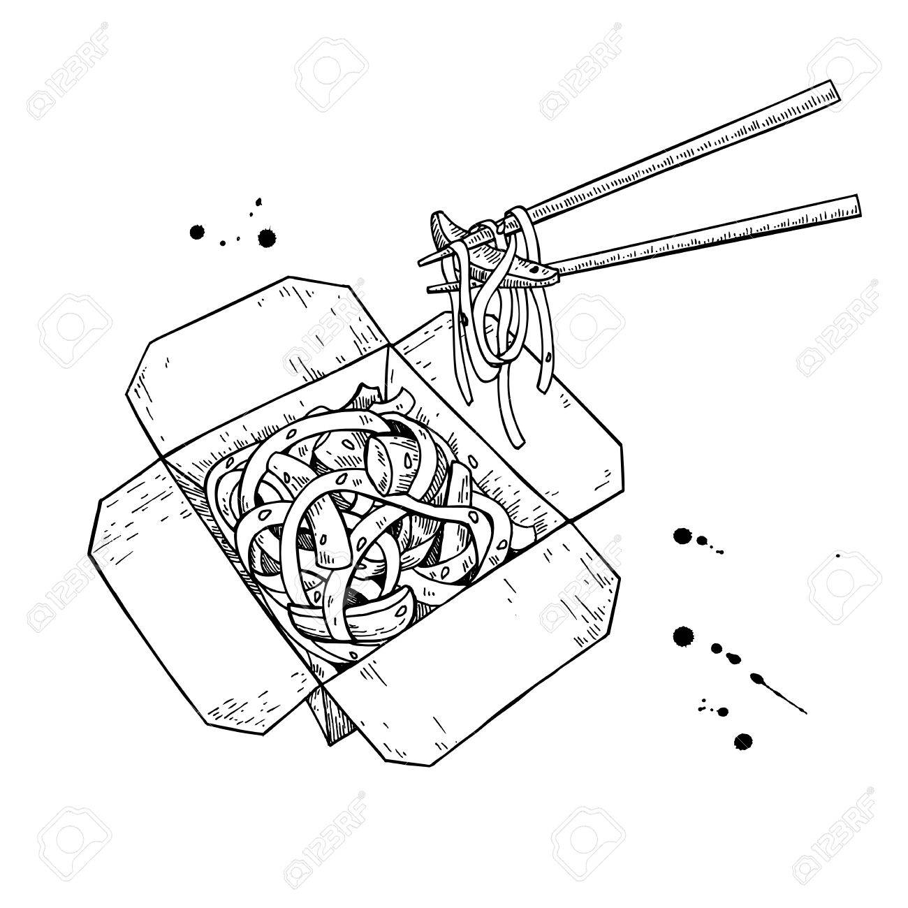 1300x1300 Wok Vector Drawing. Isolated Chinese Box And Chopsticks
