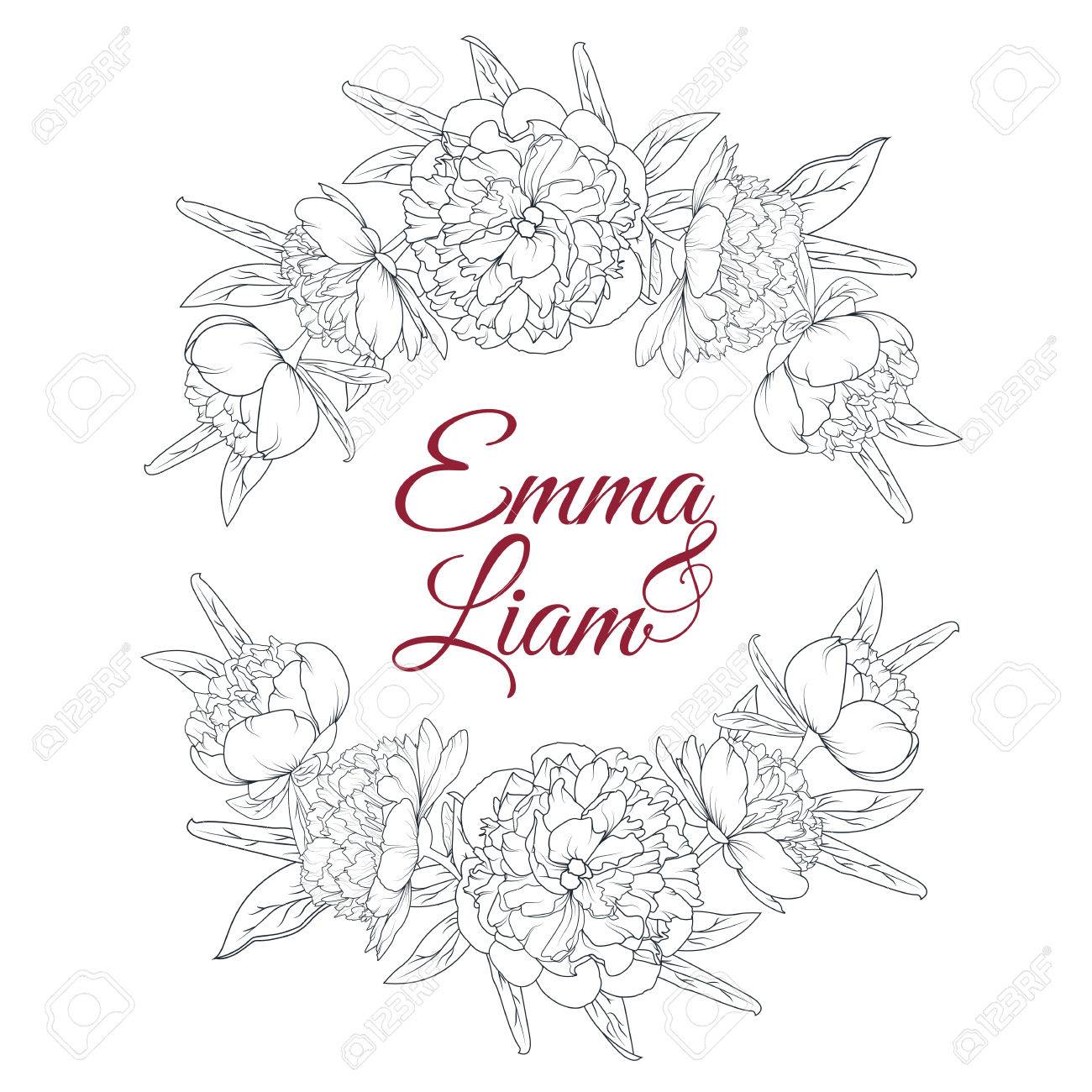 1300x1300 Peony Flowers Laurels Element. Wedding Marriage Bridal Invitation