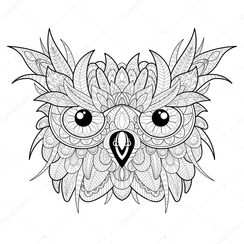 1024x1024 Hand Drawn Cute Owl Portrait For Adult Coloring Page Stock