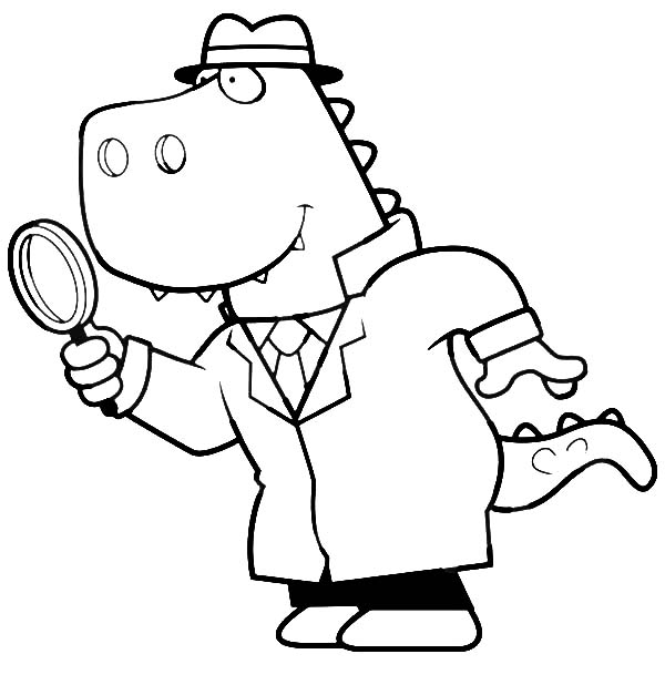 600x627 Cartoon Of A T Rex Detective Using A Magnifying Glass Coloring