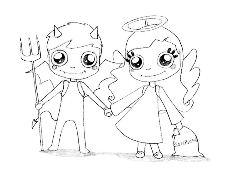 850x660 Angel And Devil Couple Coloring Pages