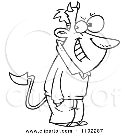 450x470 Cartoon Black And White Line Art Of A Grinning Con Man With Devil