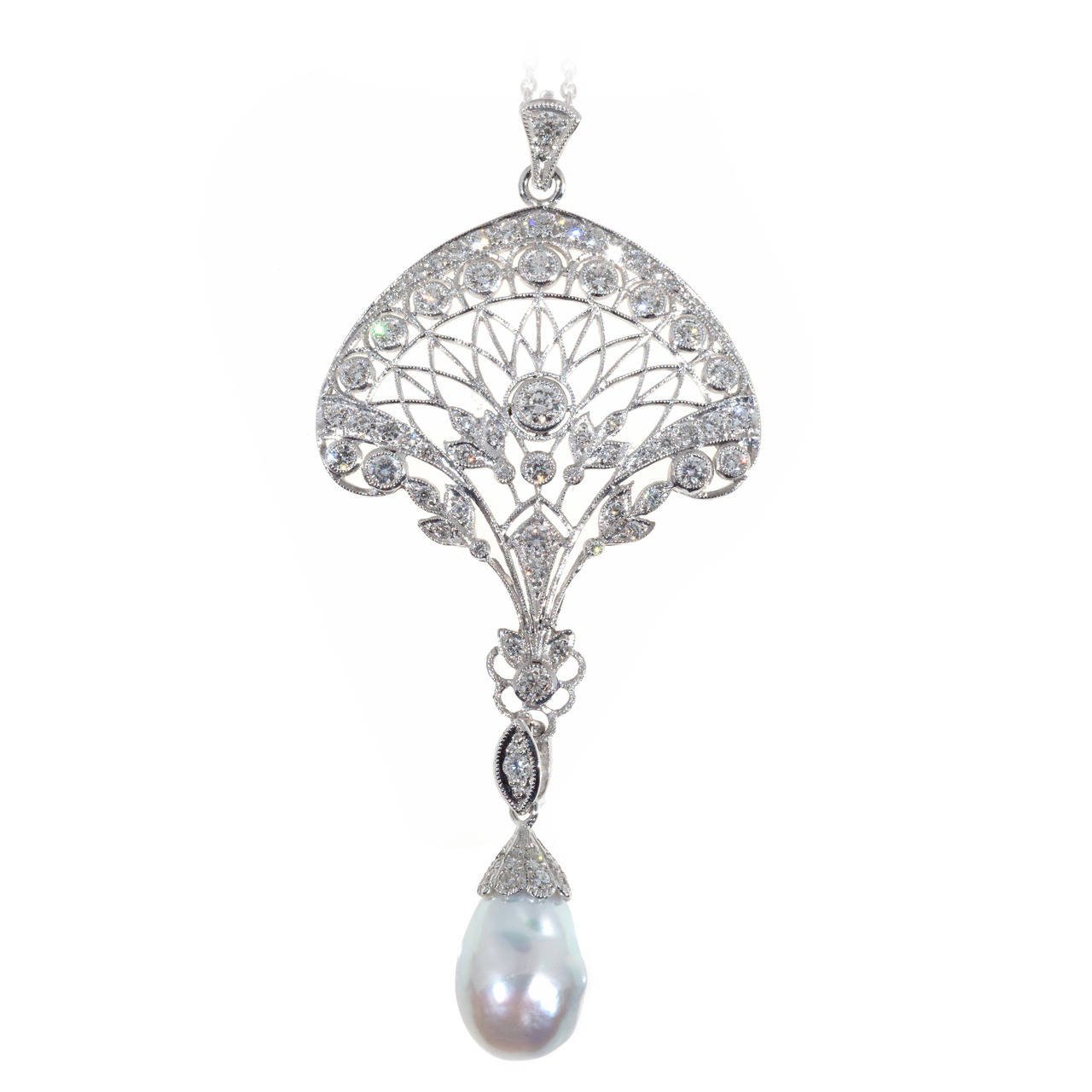 1280x1280 Edwardian South Sea Baroque Pearl Pave Diamond Platinum Pendant