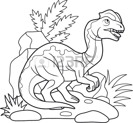 450x416 Cartoon Predatory Dilophosaurus, Linear Illustration. Royalty Free