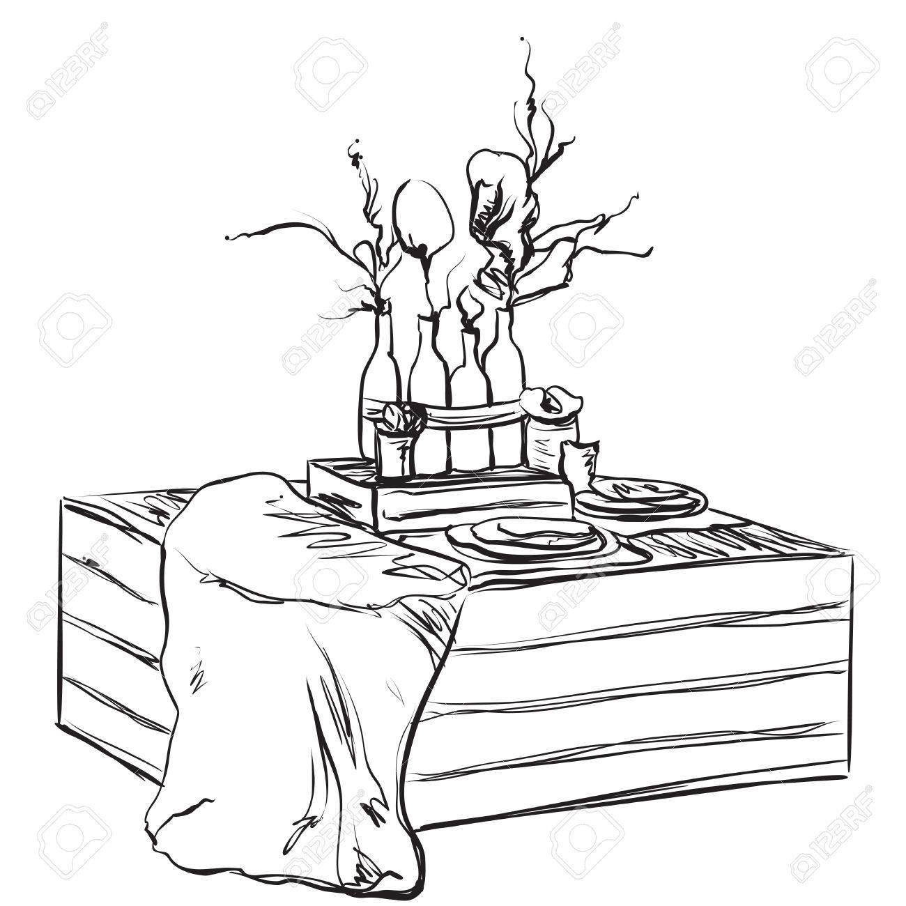 1300x1300 Dining Table With Flowers. Hand Drawn Sketch Vector Illustration