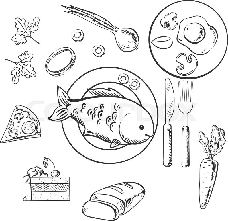 800x776 Fresh Dinner Food With Sketch Vector Icons As A Cake, Vegetables