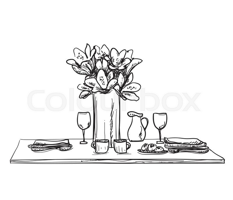 800x686 Table Setting Set. Weekend Breakfast Or Dinner. Hand Drawn Dishes