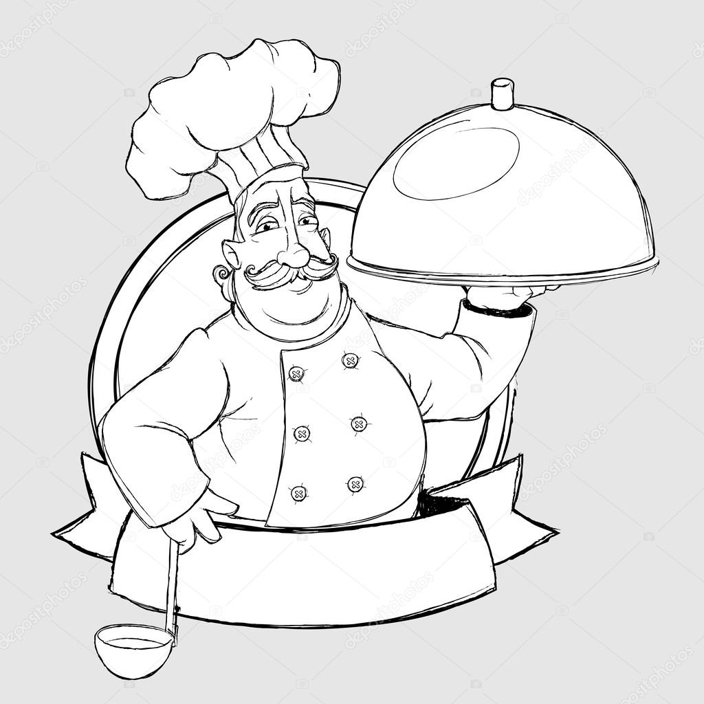 1024x1024 Chef With Dish In The Sign. Freehand Drawing Style Stock Vector