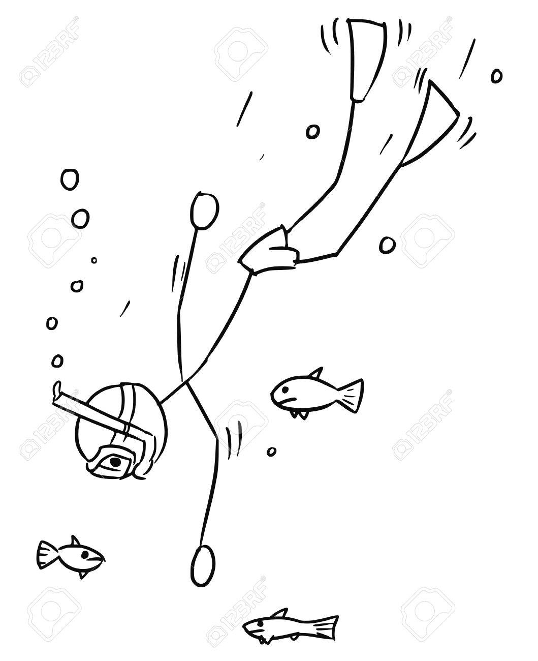 1059x1300 Cartoon Vector Stickman Free Diver Going Deep With Fish Around