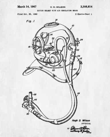 384x480 Dive Helmet Patent Print Diving Blueprint Marine Poster