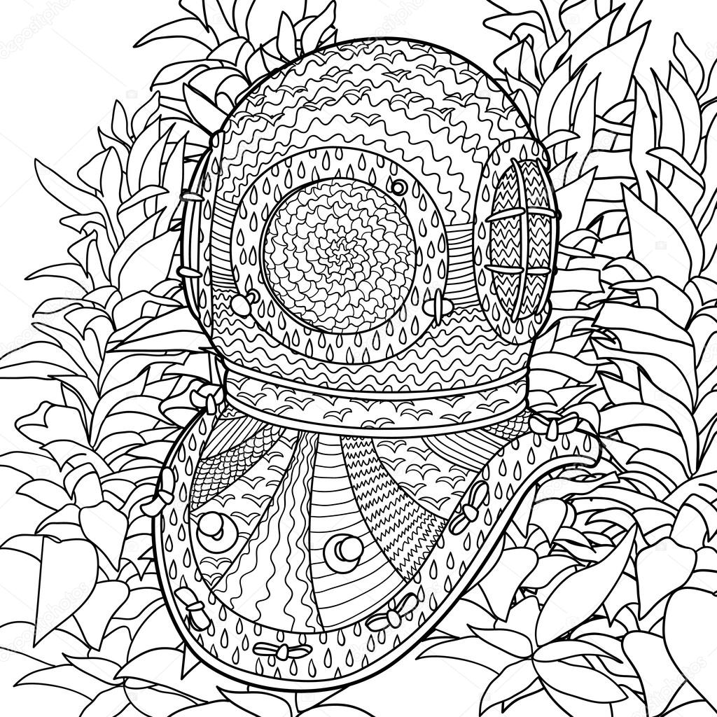 1024x1024 Divers Helmet In Coloring Pages For Adults. Stock Vector
