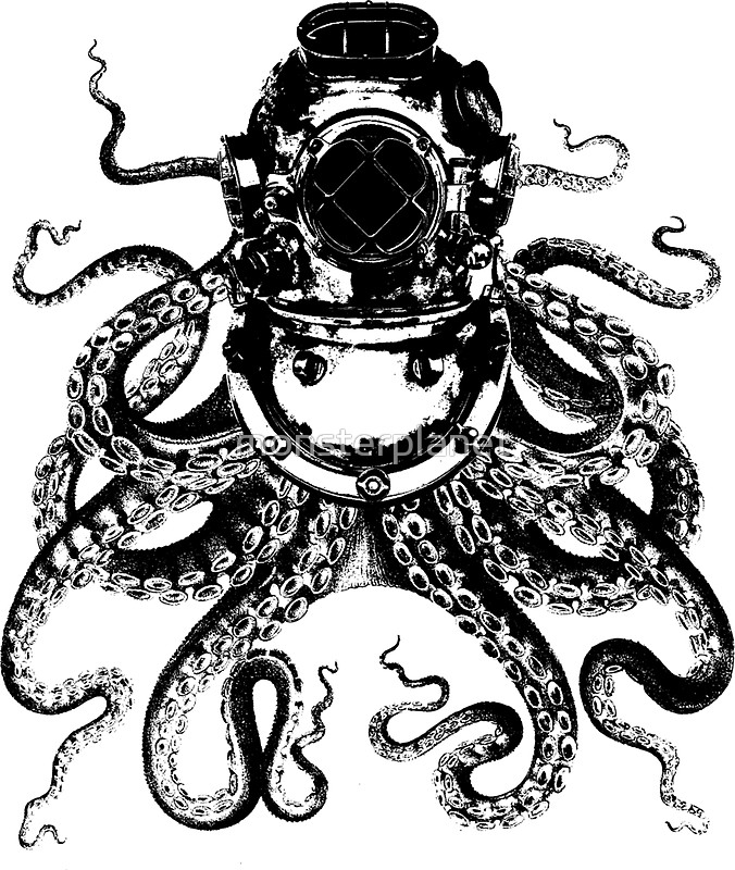 676x800 Octopus In A Diving Helmet Stickers By Monsterplanet Redbubble