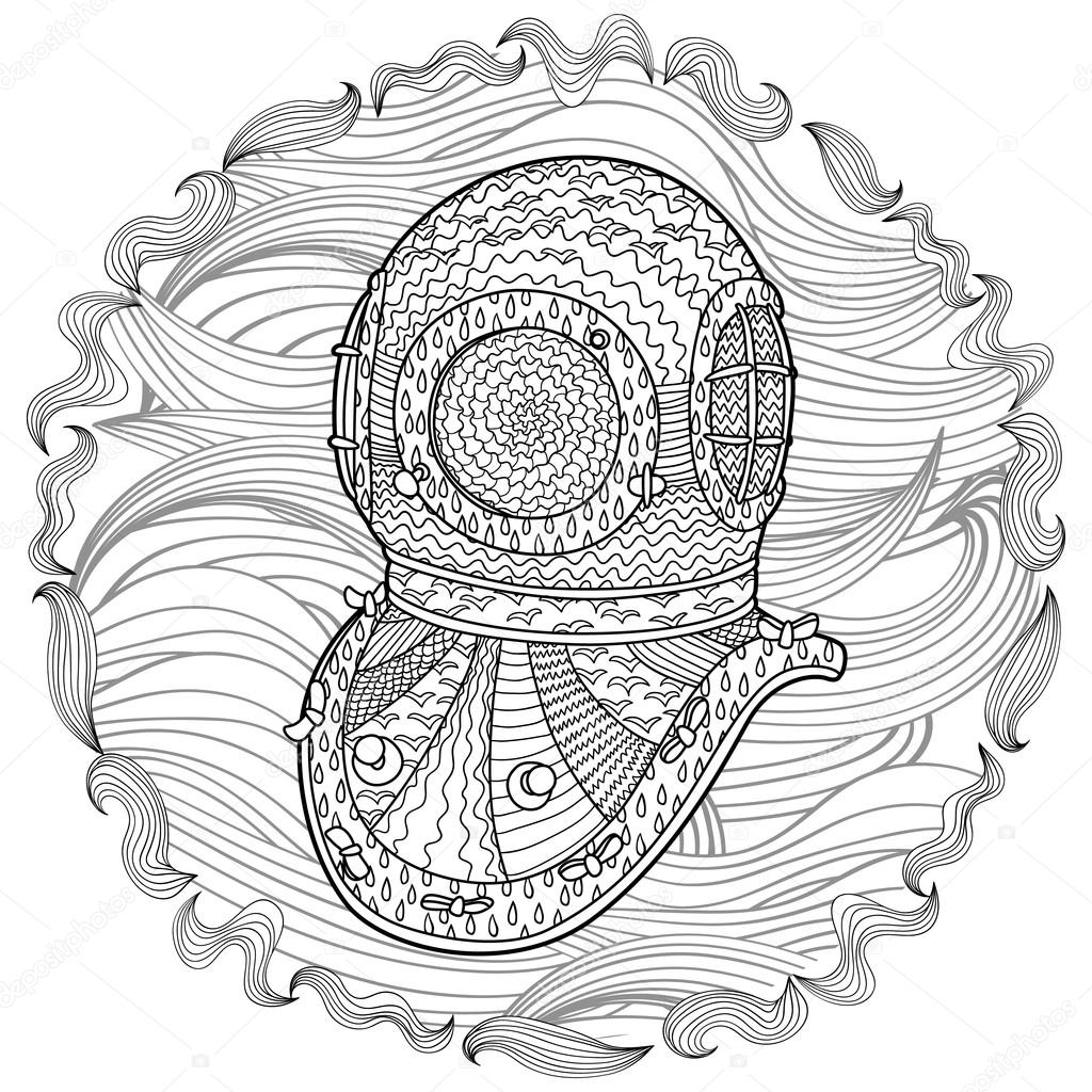 1024x1024 Antique Divers Helmet Hand Draw With High Details. Stock Vector
