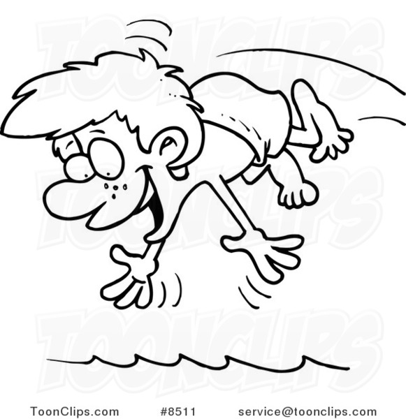 581x600 Cartoon Black And White Line Drawing Of A Diving Boy