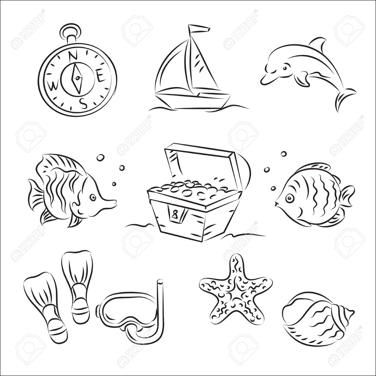 1300x1300 Scuba Diving Sketch Set Royalty Free Cliparts, Vectors, And Stock