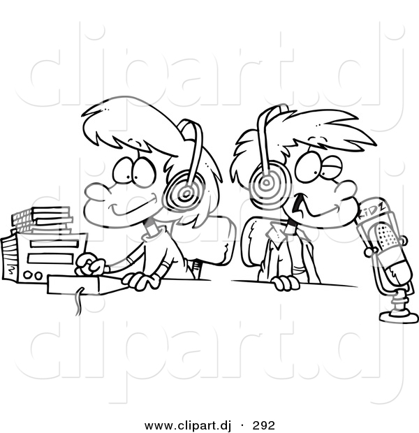 600x620 Cartoon Vector Clipart Of A Two Dj Kids In A Studio Wearing