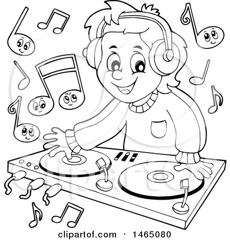 450x470 Clipart Of A Black And White Male Dj Wearing Headphones And Mixing