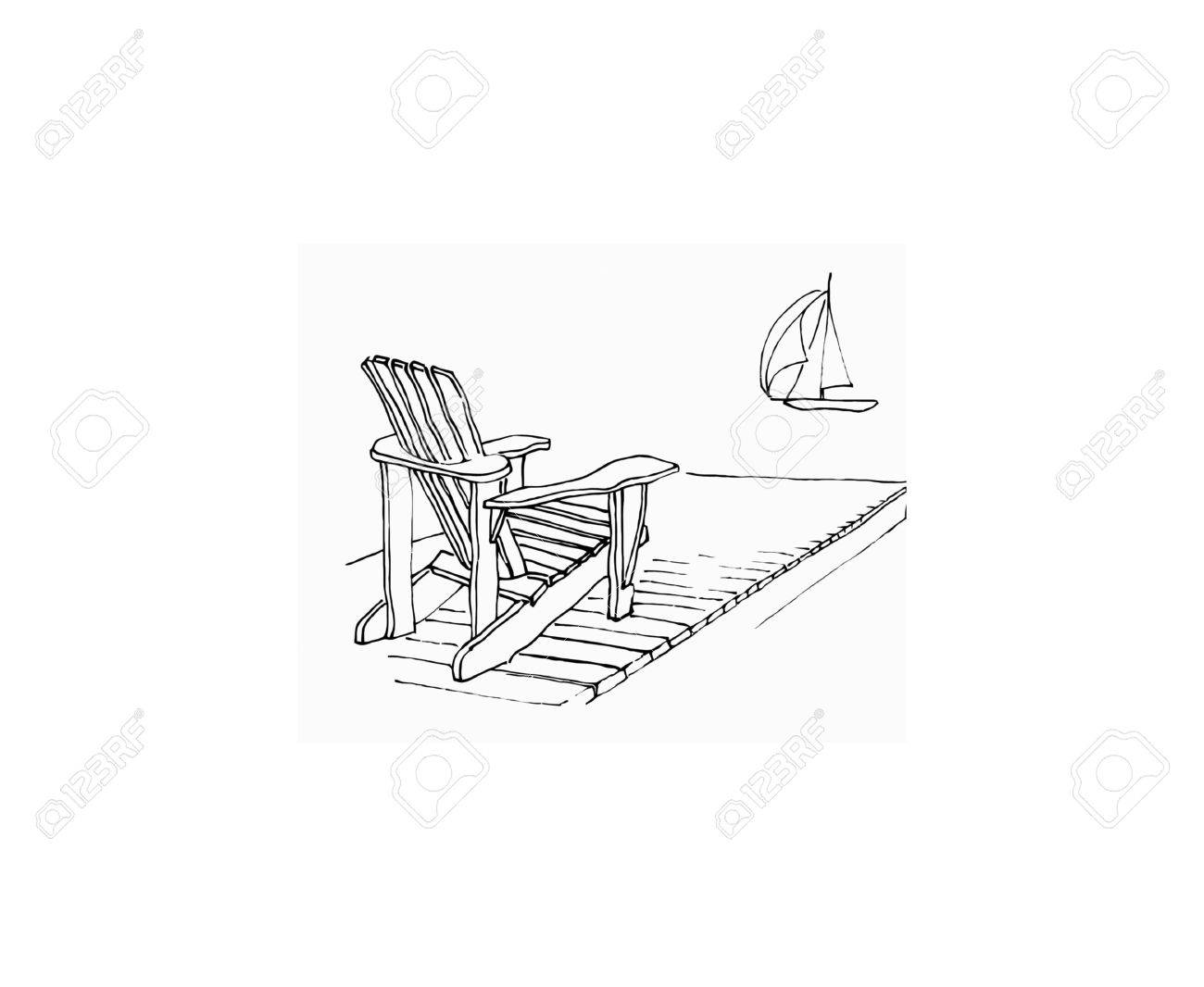1300x1066 Marker Sketch Of Adirondack Chair On Dock With Sailing Boat