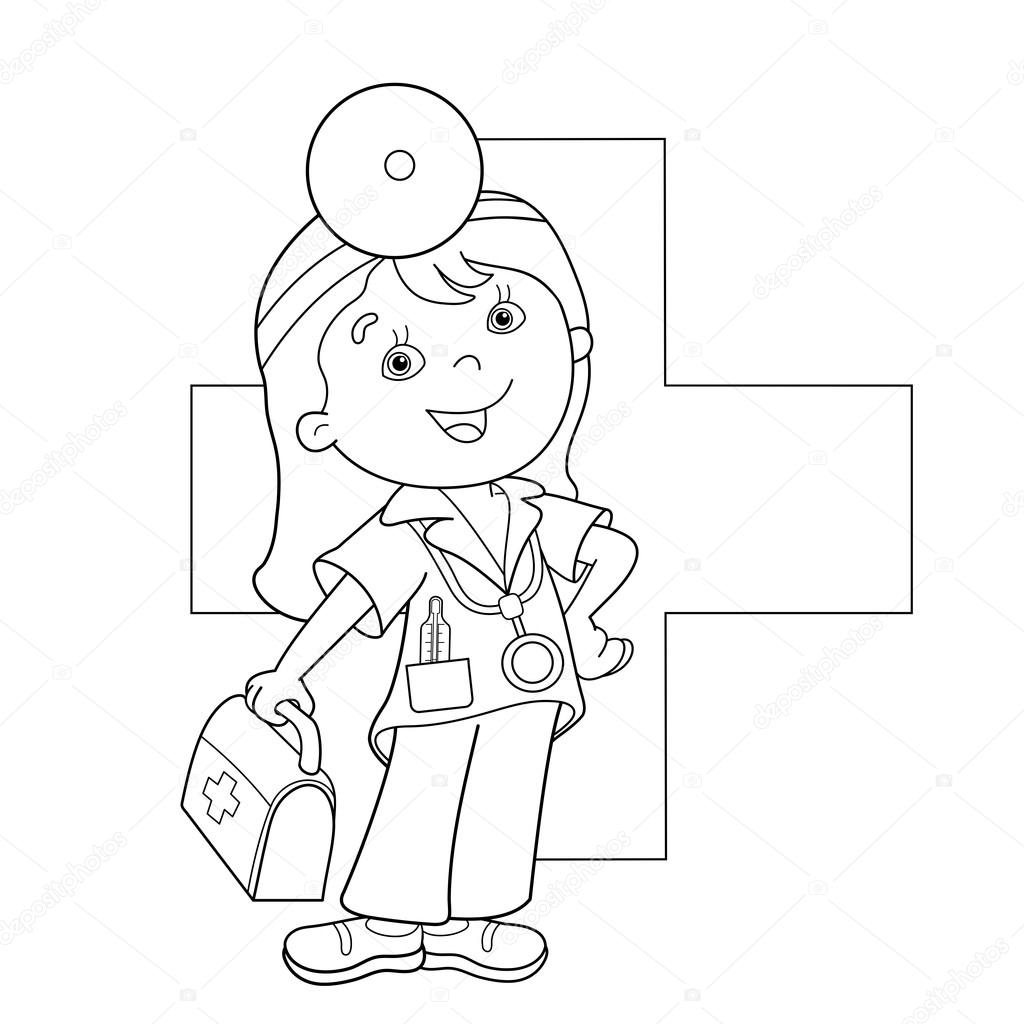 1024x1024 Coloring Page Outline Of Cartoon Doctor With First Aid Kit Stock