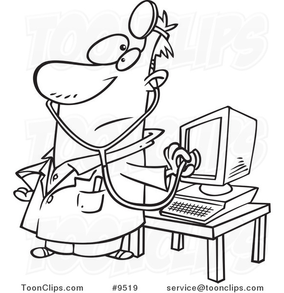581x600 Cartoon Black And White Line Drawing Of A Computer Doctor
