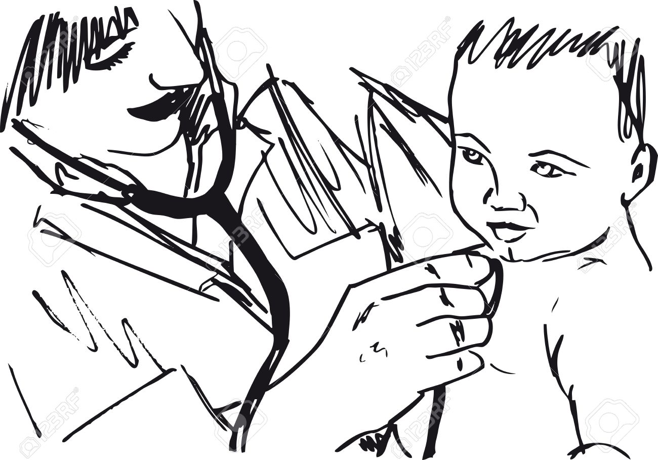1300x909 Sketch Of Doctor And Baby. Illustration Royalty Free Cliparts