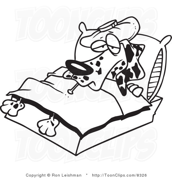 600x620 Cartoon Black And White Line Drawing Of A Sick Dalmatian In Bed