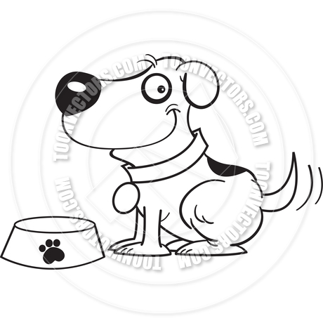 460x460 Cartoon Dog With A Dog Bowl (Black And White Line Art) By