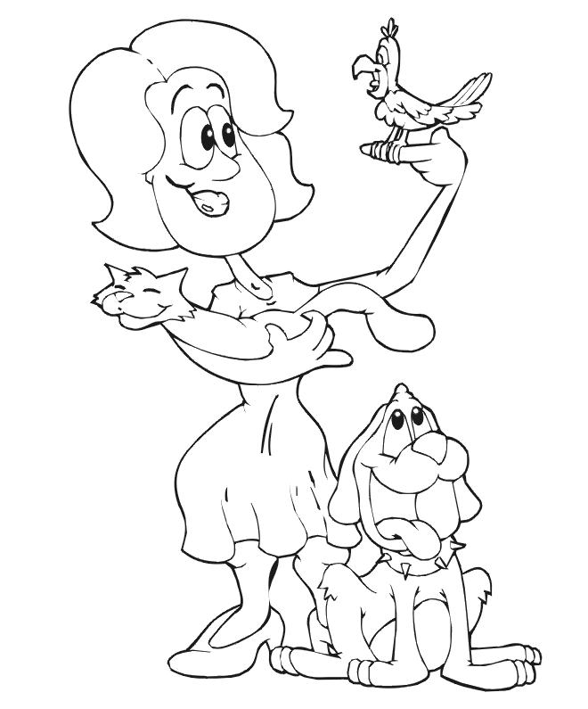 660x795 Dog Coloring Page Woman With Dogs, Cat Amp Bird