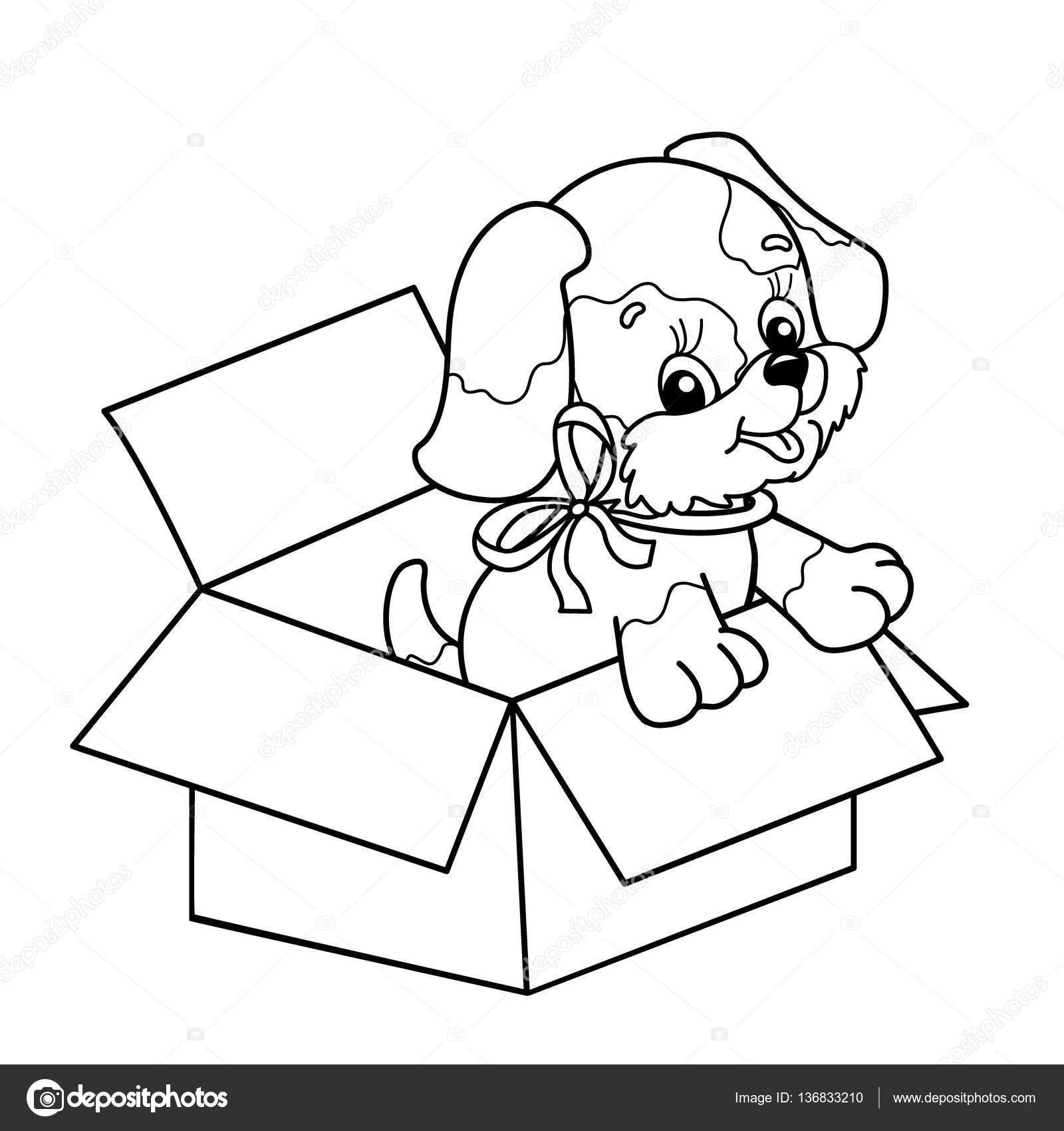 1600x1700 Coloring Page Outline Of Cute Puppy In Box. Cartoon Dog With Bow