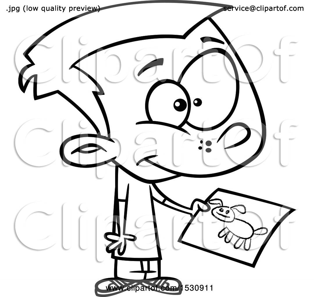 1080x1024 Clipart Of A Cartoon Outline Boy Holding A Drawing Of A Dog
