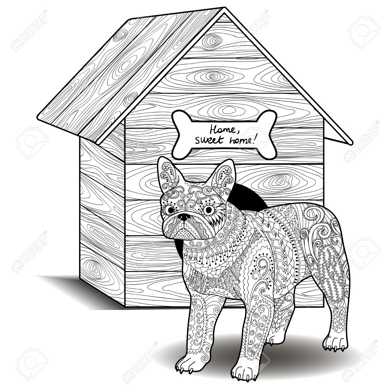 1300x1300 Dog Standing In Front Of The Doghouse. Adult Antistress Coloring