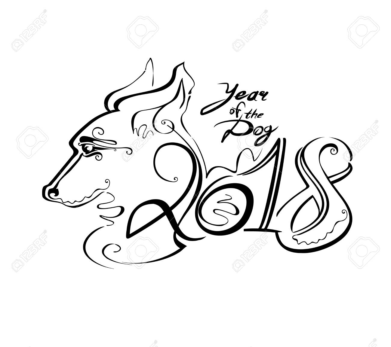 1300x1155 Handwriting Template With The 2018 And Dog Head. Line Art Curl