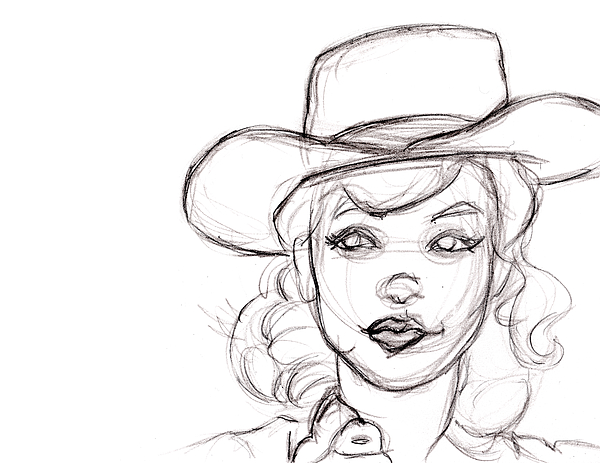 600x463 Pencil Sketch Drawing Of Retro Girl In Cowboy Hat Carry All Pouch