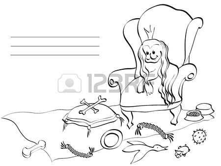 450x338 Card Vector Outline In Lines Comic Dog In Armchair With Crown
