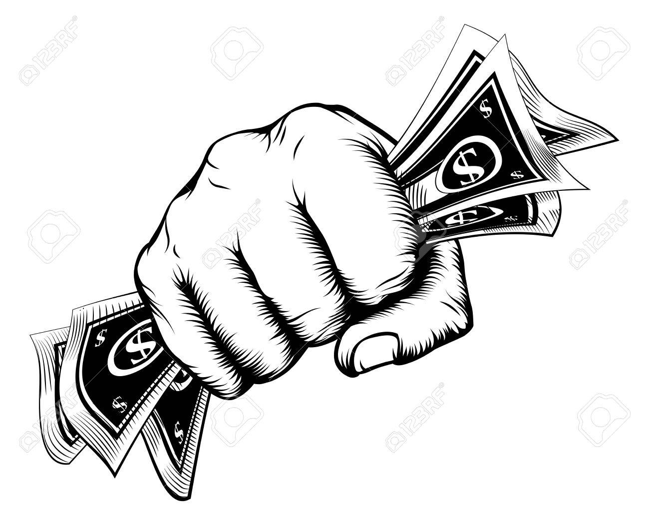 1300x1051 A Fist Holding Cash Money Dollar Bills In A Vintage Woodcut Style